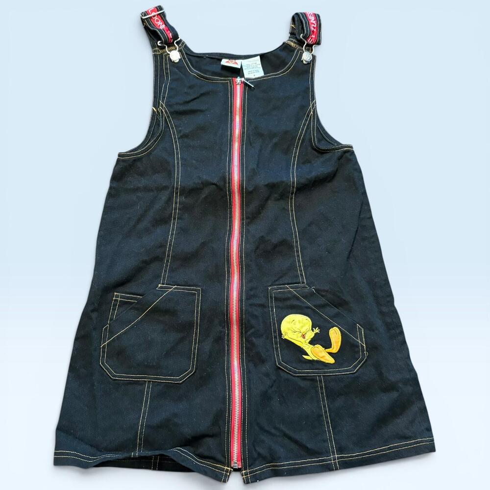 Looney Tunes Overall Dress Girls 16 Black Tweety Denim Zip Front Pockets Casual